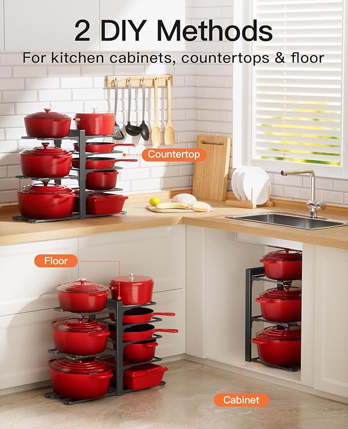 Pots and Pans Organizer Under Cabinet 15.8", 8-Tier Adjustable Black | 2 DIY Modes, Tool-Free Assembly, Max 120 Lbs, Fits Cast Iron Pans, Dutch Ovens & Heavy Cookware, For Kitchen Cabinets