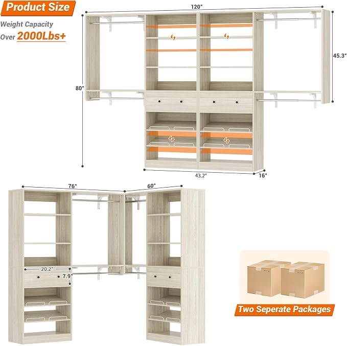 [10 FT Closet System] 120 Inch Reversible Set of 2 Wood Closet Organizer System with 2 Drawers, 4 Hanging Rods Adjustable Shelf, Walk In Closet Organizers with Shoe Rack, Garment Rack, White Oak