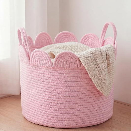 LemonRoad Pink Round Basket Large Blanket Basket 16'' x 14'' Scalloped Woven Baskets Cotton Storage Baskets for Nursery Classroom Closet Blankets Storage Home Decor