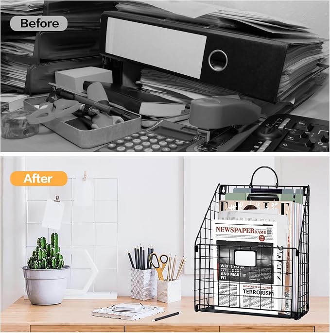 DILIBRA 4 Packs Hanging Wall File Organizer, Foldable Magazine File Holder | Wall Magazine Holder with Handle and Tag Slot, Metal Wall Mounted Mail Organizer Rack Folder Holder for Document Office Door