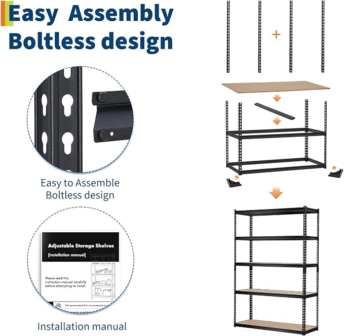 Storage Shelving Unit, 5-Tier Adjustable Metal Storage Shelves, 48" L x 24" W x 72" H Heavy Duty Garage Storage Shelves for Kitchen Pantry Basement Bathroom Laundry