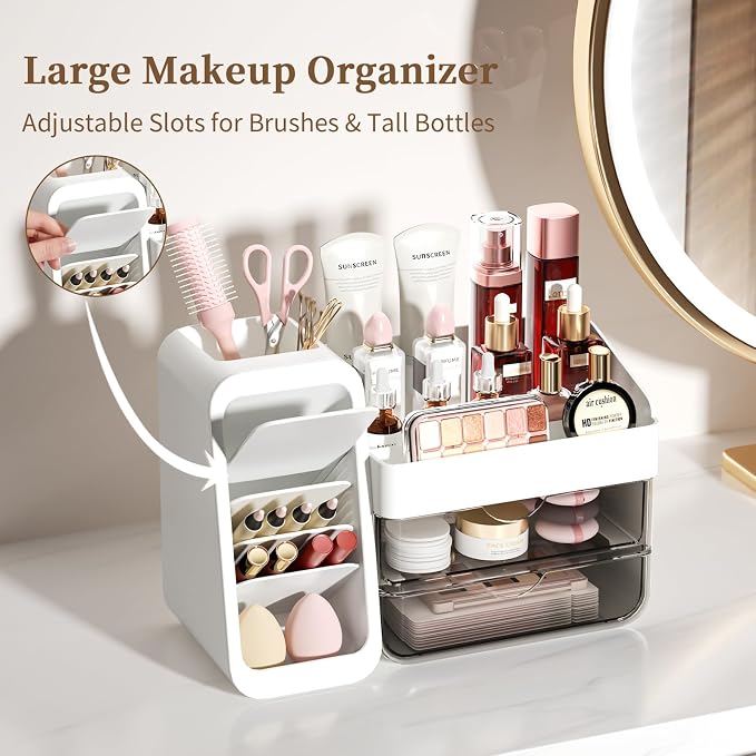 Makeup Organizer Countertop with DIY Adjustable Brush Holder for Vanity | Thickened Material, Large Bathroom Organizer Skincare Storage for Perfume, Lipstick, Nail Polish, Eyeshadow Palettes, White