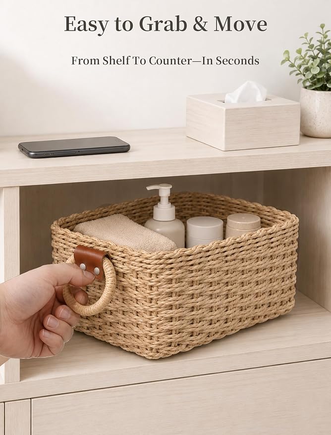 Small Wicker Baskets, 3 PCS Paper Rope Baskets for Shelves, Brown | Recycled Small Baskets, 3 Sizes Woven Baskets for Organizing, Decorative Storage Baskets for Bedroom and Bathroom