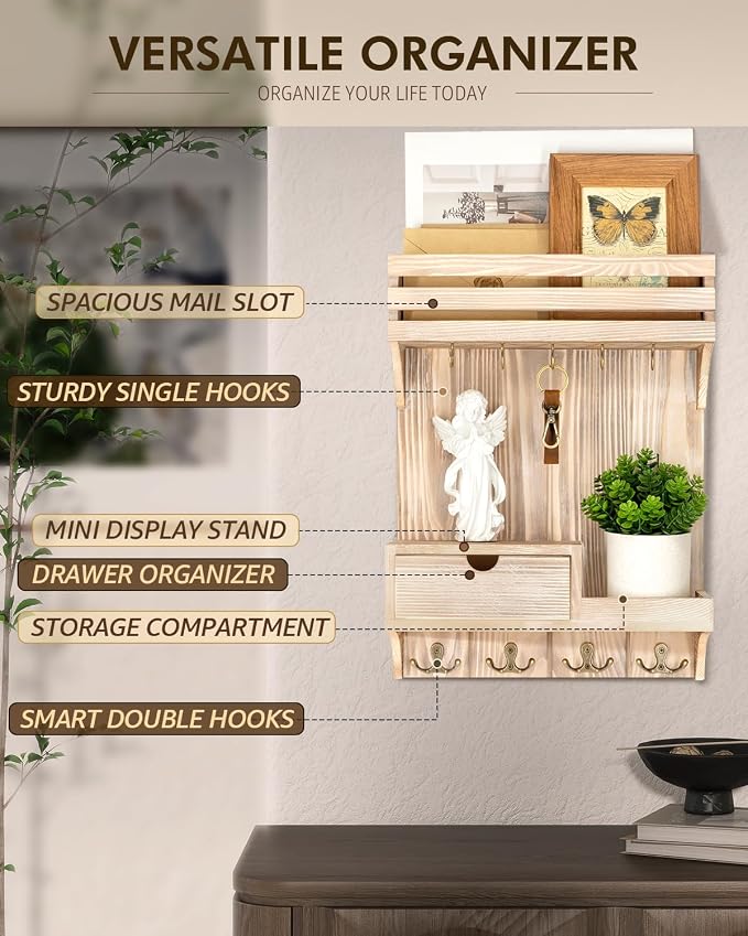 Rebee Vision Key Holder Wall Mount with Drawer for Entryway, Natural Wood | Key Holder for Wall, 9 Key Hooks, Wall Shelf, Drawer Organizer, Mail Sorter, Key Hanger Home Decor, Decorative Home Storage