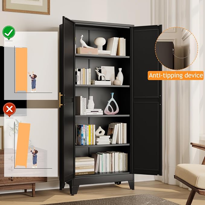 PAOFIN 71" Tall Metal Pantry Storage Cabinet with Doors and 4 Adjustable Shelves, Black Kitchen Food Pantry Cabinets, Tall Freestanding Cupboard for Kitchen, Dining Room or Living Room, Black