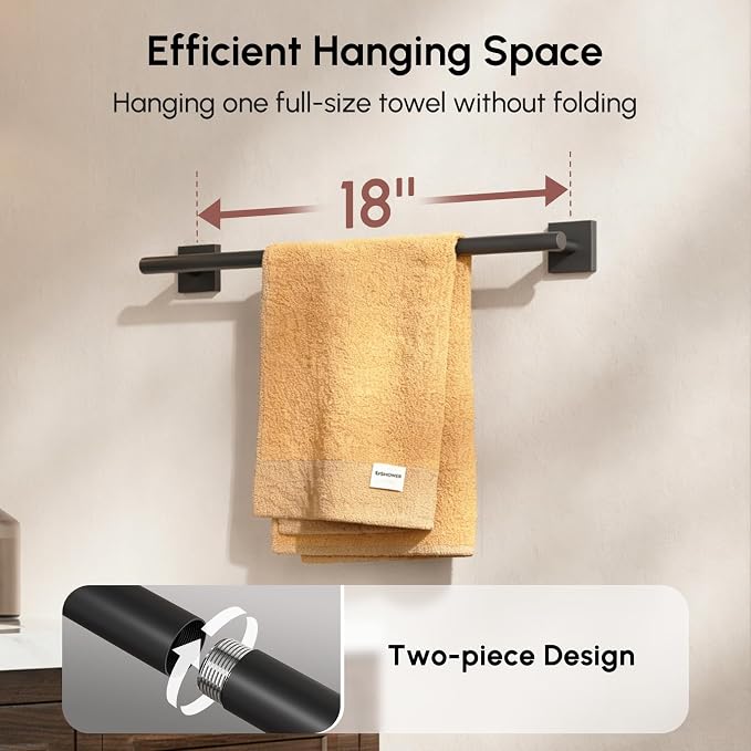 Matte Black Towel Bar, 18 Inch Towel Racks for Bathroom | Thicken 304 Stainless Steel Towel Holder with Square Base, Towel Rod Wall Mounted, Modern Home Decor (Total Length 20 Inch)