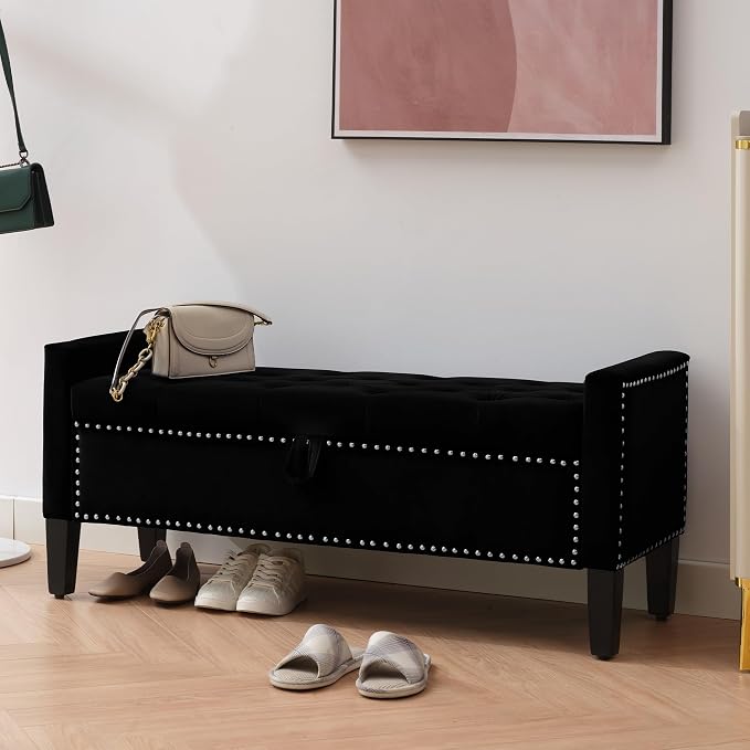 Velvet Storage Ottoman Bench, 46'' Upholstered Button Tufted End of Bed Bench, Modern Entryway Ottoman with Arms, Black