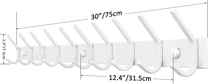 WEBI Coat Rack Wall Mounted,10 Hooks,30" Long Coat Hooks Wall Mount White,Coat Hanger Wall,Hook Rack,Jacket Hooks for Coats,Clothes,Hats