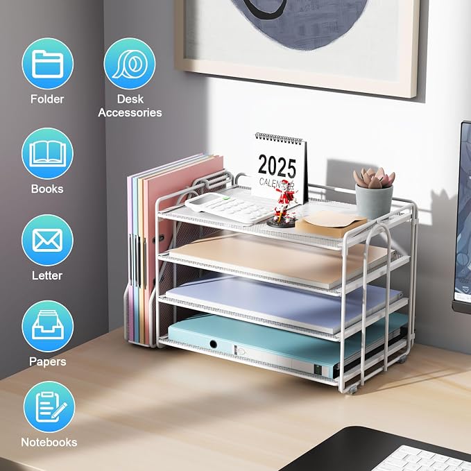 gianotter 4-Tier Paper Organizer With Magazine Holder, Desk Organizers and Accessories, Desk Accessories & Workspace Organizers, File Organizer for Office Supplies Storag (White, 4-Tier)