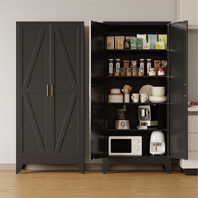 COFaR Metal Pantry Cabinet with Doors, Farmhouse 71'' Tall Storage Cabinet with 4 Adjustable Shelves, Kitchen Pantry Cabinet for Dinning Room, Garage, Laundry, Bathroom, Black 5-Tier
