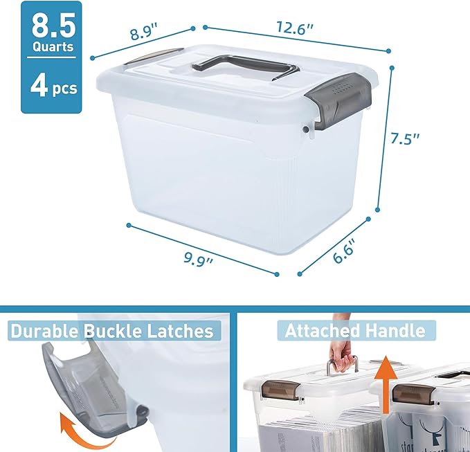 Citylife 4 Packs 8.5 QT Storage Bins with Lids Clear Plastic Bins with Grey Handle Stackable Storage Containers for Organizing