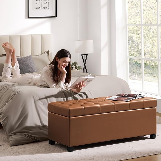 Living&Giving Leather Storage Ottoman Bench for Bedroom, 47.2", Brown | 47.2-inch leather storage ottoman with safety hinge, tufted seat and spacious hidden storage for everyday organization.
