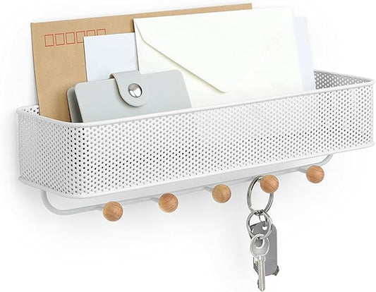 Umbra Estique Entryway Organizer, Wall Mount Key Holder, White/Natural | Steel construction, perforated mail bin, five wooden knob hooks, hidden mounting hardware, holds up to 5 lbs