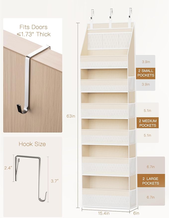 Criusia 2 Pack Over the Door Organizer, 6-Shelf Closet Hanging Storage with 13 Mesh Pockets, 55lbs Capacity Behind the Door Storage for Baby Nursery, Bathroom, Bedroom, and Dorm, Beige