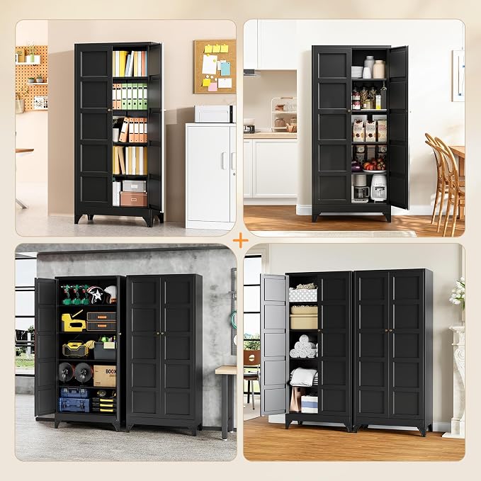 Yizosh Metal Pantry Cabinet,- 72" Black Kitchen Pantry Storage Cabinet with Doos and Adjustable Shelves for Kitchen, Living Room,Dining Room,Home