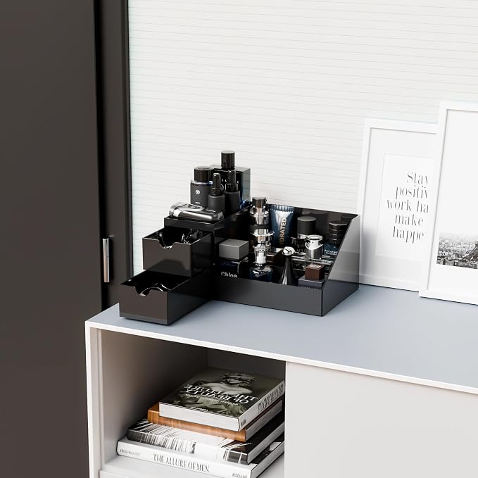 Makeup Organizer with 2 Drawer,Black Cologne Organizer for Men,Cologne Stand and Rack,Skin Care,Perfume Organizer Holder and Fragrance Shelf for Vanity,Bathroom Countertop and Dresser Top,1PCS