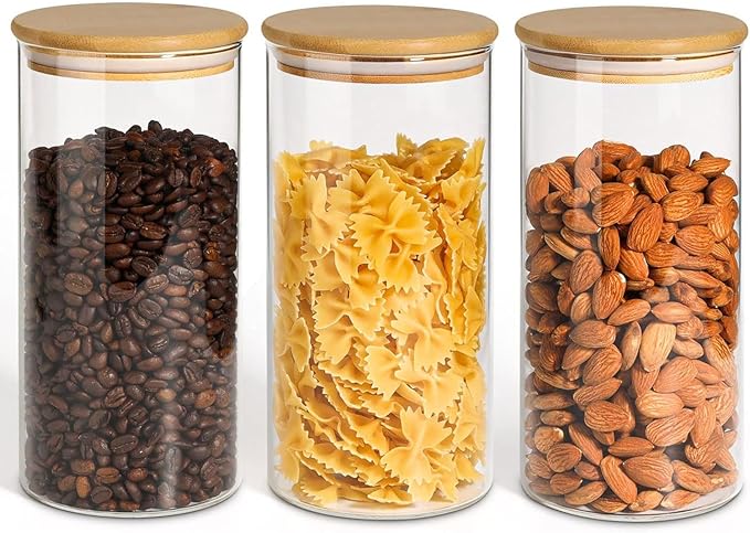 ComSaf Glass Storage Containers wtih Lids 1.5 Qt, Set of 3 Food Storage Jar | Glass Containers with Bamboo lids, Glass Canisters 45oz, Kitchen Cabinet Storage, Tea, Spice, Coffee, Dry Food, BPA Free