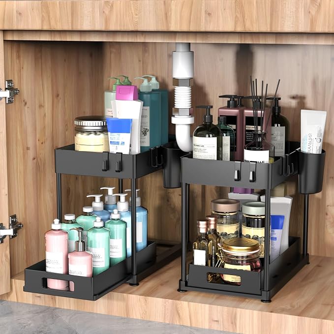 2 Pack Under Sink Organizer with Pull-Out Drawer, Black | 2-Tier Cabinet Storage, Kitchen & Bathroom, Tool-Free Assembly, Fits Cleaning Supplies & Toiletries, Space Saving