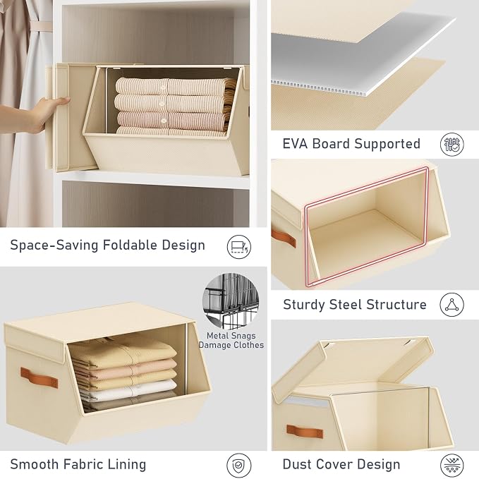 Stackable Closet Organizers and Storage Bins, Open Front Closet Shelf Organizer System With Steel Frame, Clothes Storage Basket Fabric, Collapsible Closet Drawers for Wardrobe, Nursery ,Toy, 6 Pack