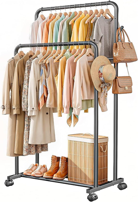 Delamu Clothes Rack Double Rods, Black, 65''Hx32''W | Clothing Racks for Hanging Clothes With Rolling Wheels, Hooks, Metal Garment Rack, Portable Wardrobe, With Shelfs,for Bedroom