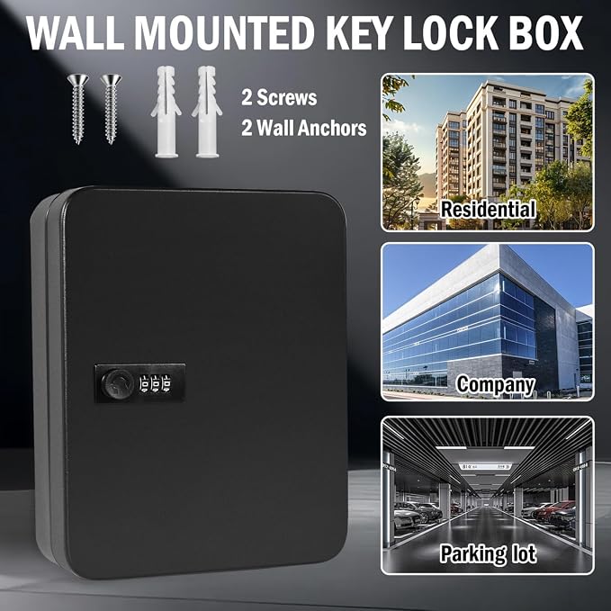 Key Box Wall Mount, 60 Steel Locking Key Cabinet Wall Mount, Combination Lock Box with Code, Hooks and Label Stickers