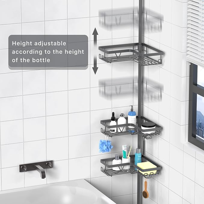 KEGII Corner Shower Caddy Tension Pole, Bathroom Rack, Dark Gray | 4-Tier, Large Capacity Shower Organizer with 28 Hooks, Space-Saving Rustproof Storage for Shampoo Towels and Accessories