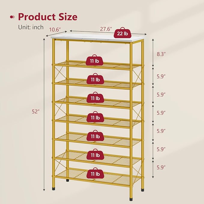 8 Tier Shoe Rack Organizer for 28-32 Pairs of Shoes, White & Gold | Sturdy & Durable, X Shape Fixed Frame, Metal Mesh Shoe Shelf, Industrial, For Closet, For Entryway Shoe Storage
