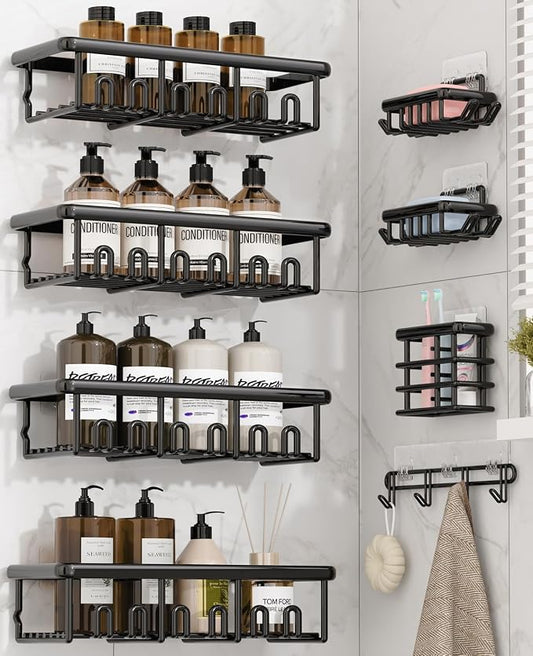 8 Pack Adhesive Rustproof Shower Caddy with Soap Dishes, Toothbrush Holder & Hooks, Large Capacity No-Drilling Shower Shelves Rack for Bathroom Organizers and Storage Accessories, Black