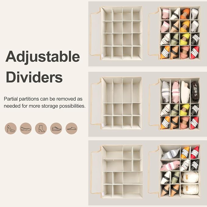 Shoe Organizer for Closet 2 Pack, Foldable Shoe Box with Adjustable Dividers and Clear Cover, Space Saving Shoe Storage Organizer Cabinet with Reinforced Handles, Fits 32 Pairs TP12J