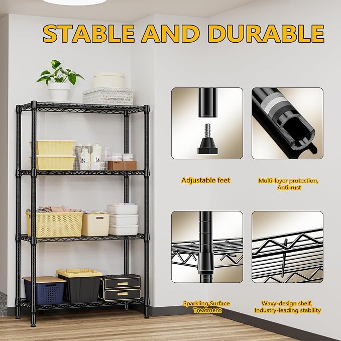M MZG 1000 lbs 4 Tier Shelf Metal Storage Shelves Shelving Wire Rack Heavy Duty Closet Organizers for Garage Kitchen Bathroom Laundry Black 13.8" D x 35.4" W x 59.5" H
