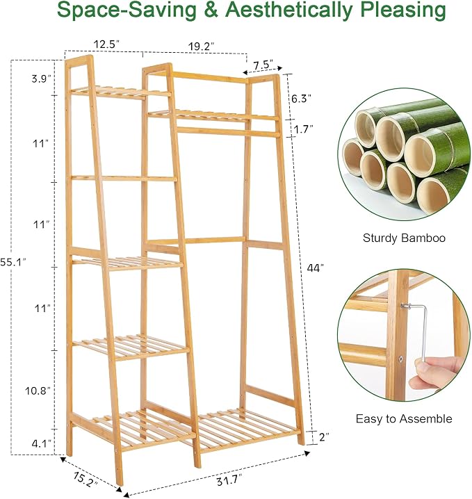 Jotsport Bamboo Clothes Rack with 7 Tier Storage Shelves Child Garment Rack | Clothing Hanging Stand for Small Spaces Freestanding Wardrobe Closet for Kids Bedroom Living Room