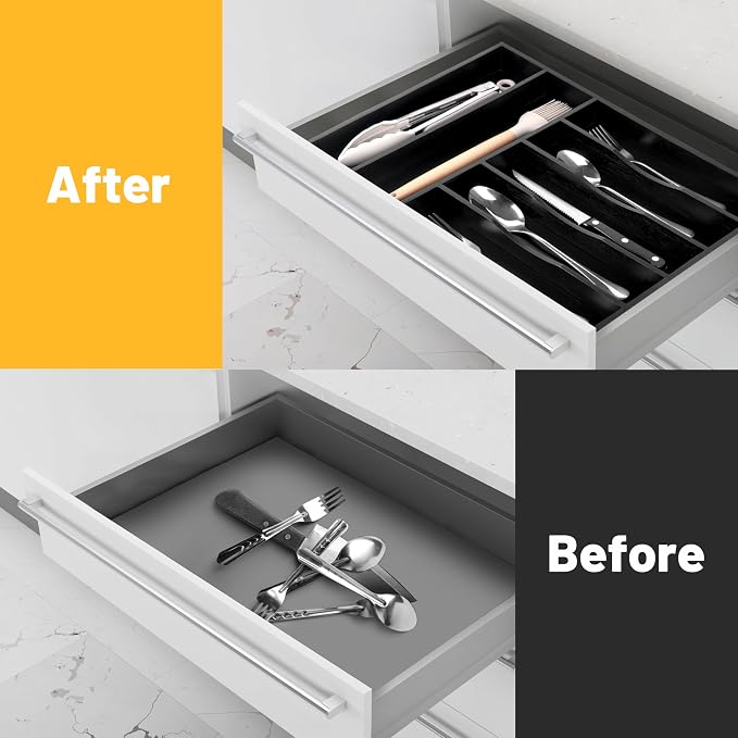 Kitchen Bamboo Silverware Organizer, Kitchen Drawer Organizer - Utensil Holder and Cutlery Tray with Grooved Drawer Dividers for Flatware 7 Slot, Black