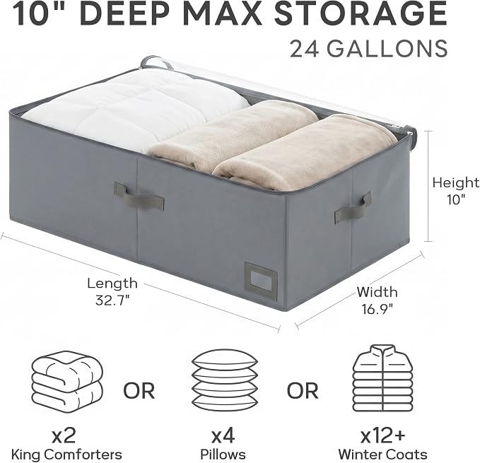 10" High Capacity Under Bed Storage Bins (2-Pack, Grey), Deep 600D Heavy Duty Oxford Fabric Storage Box for King Size Comforters, Pillows & Large Blankets
