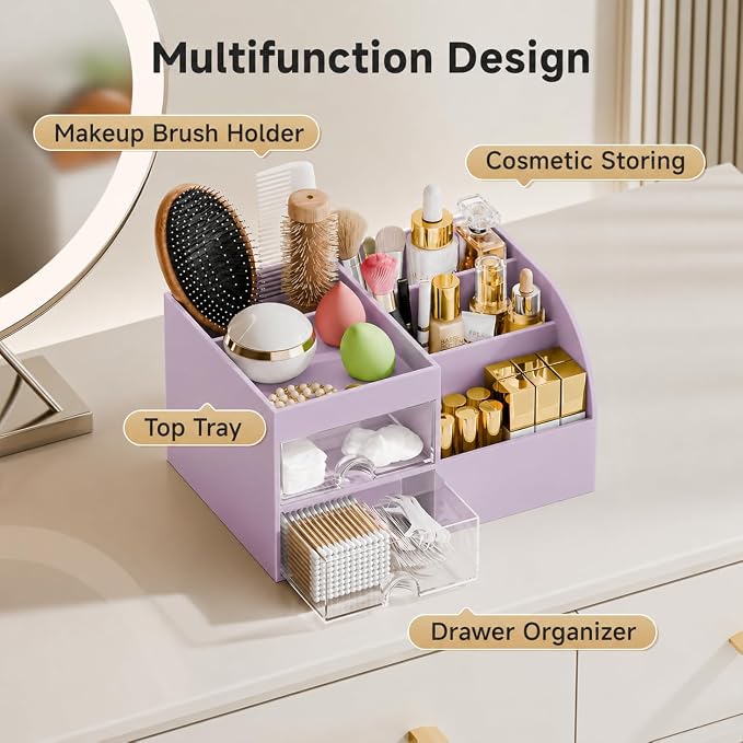 Makeup Organizer with 2 Drawers, Makeup Organizers Countertop for Vanity and Bathroom, Make up organization and Skincare Storage with Brush Holder, for Dresser, Desktop, Cosmetic Display Case (Purple)