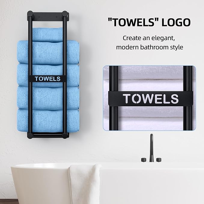 STWWO Bathroom Towel Rack Wall Mounted Can Holds 4 Large Towels, Black | Towel Storage for Small Bathroom, Wall Towel Rack for Rolled Towels Folded Bath Towels, 22inch