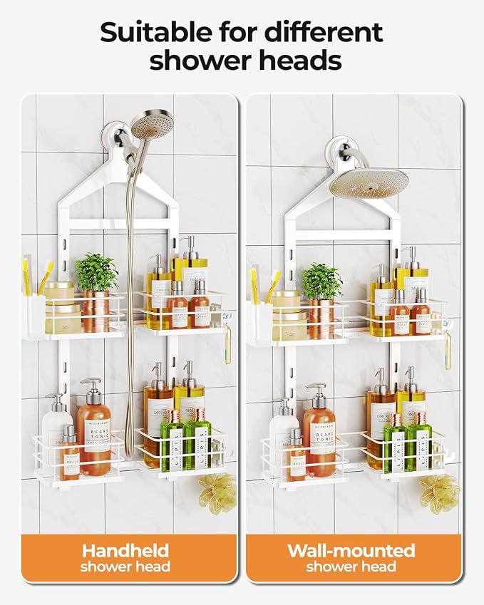 ODesign 2 Tier Shower Caddy for Handheld Shower Heads Anti-Swing White | No drilling required,comes with removable hook and storage box,suitable for handheld and wall-mounted showerheads
