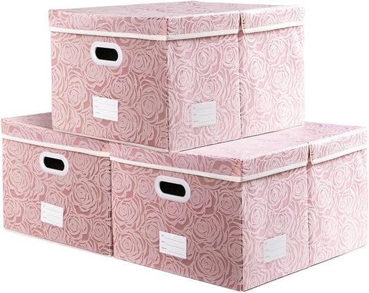 PRANDOM Jumbo Collapsible Storage Boxes with Lids Fabric Decorative Storage Bins Cubes Organizer Baskets with Cover Handles Divider for Bedroom Closet Living Room 23.2x15.7x11.8 Inch 3 Pack