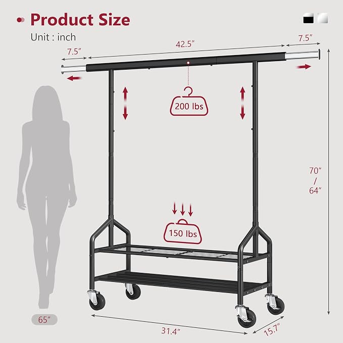 Clothing Rack with 2 Shelves, Metal Heavy Duty Load 350 LBS, Black | Adjustable Clothes Rack, Extendable Garment Rack for Hanging Clothes, Rolling Rack for Bedroom, Laundry Room, Clothes Store