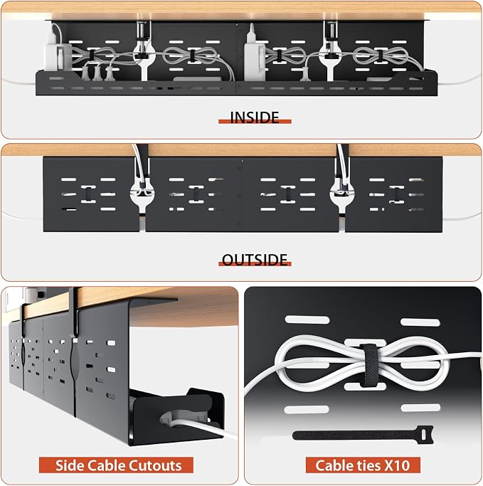 Univivi Under Desk Cable Management Tray, Cable Management, 32 inch, Black | Durable Steel Material, Under Desk Cable Tray with No-Drill C-Clamp and Screw Mount, Wire Management for Office/Home
