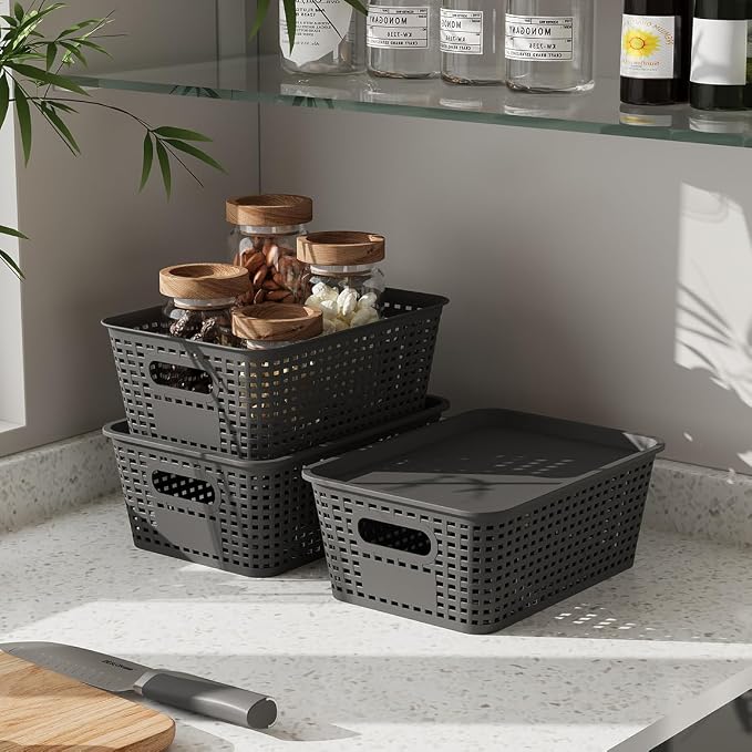 Resze 6 Pack Plastic Breathable Storage Baskets with Lids, Gray | Organizer Bins& Containers for Pantry, Desktops, Cabinet, Closet, Offices Organization Toys, Space Saving, Easy-Carry Handles