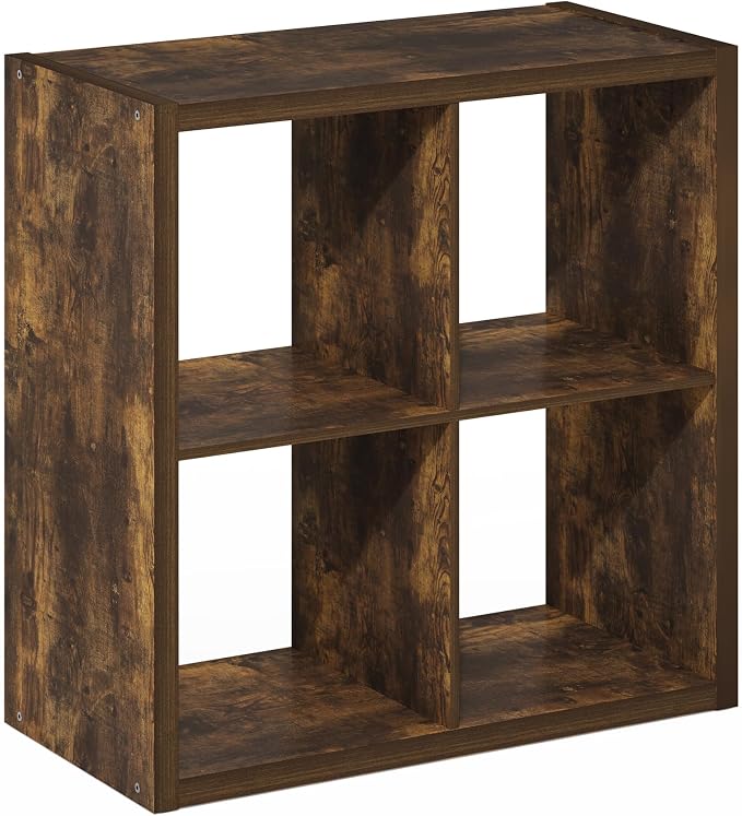Furinno Cubicle 4-Cube Book Shelf, Extra Thick Frame Bookshelf, Amber Pine | 14.6" x 30" x 30", Reversible Bookcase with Open Back, for Living Room, Bedroom, Home Office