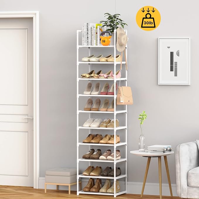 Metal Shoe Rack Organizer 10 Tiers, 20-24 Pairs Narrow Tall Shoe Racks for Closets Entryway - Vertical Boots Organizer Storage - Sturdy Shoe Shelf Cabinet White