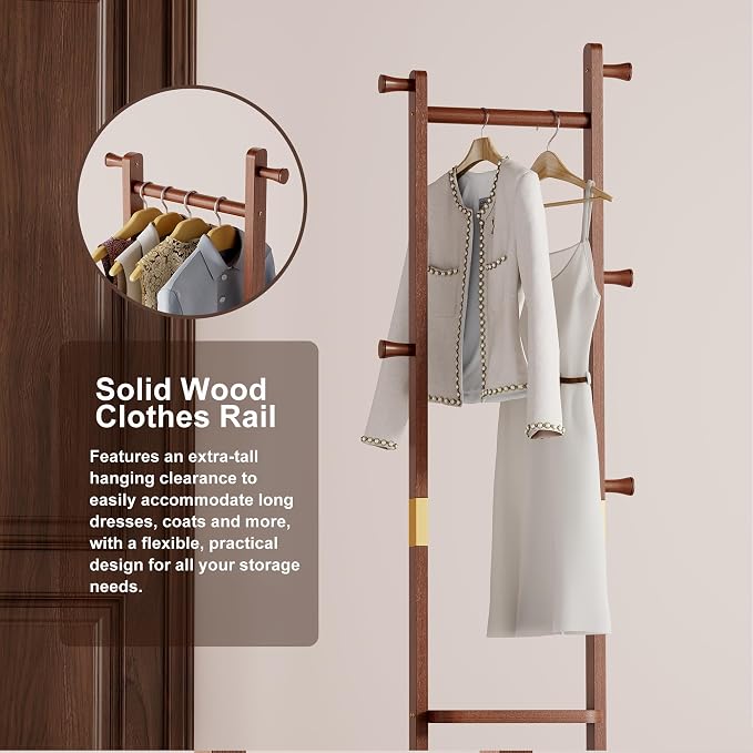Coat Rack Freestanding, Solid Wood Clothes Rack with 2 Shelves & 5 Hooks for Hanging Clothes Garment Wallets Hats, Heavy Duty Clothes Rack Stand for Hall, Bedroom, Living Room (Walnut brown)