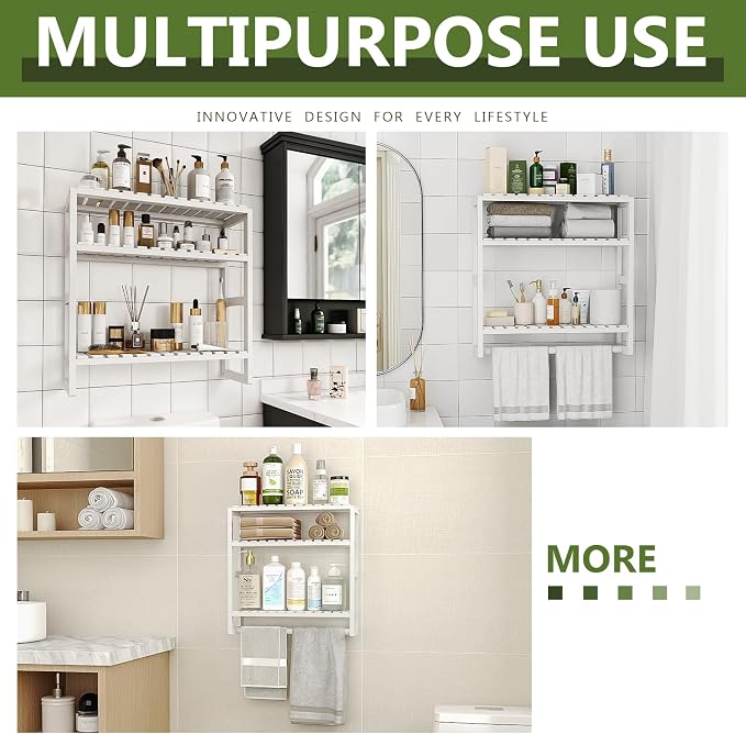 Galood Over The Toilet Storage Bathroom Shelves Wall Mounted 3 Tier Space Saver Corner Shelf Organizer Bamboo Towel Rack Toilet Paper Cabinet with Hanging Rod White