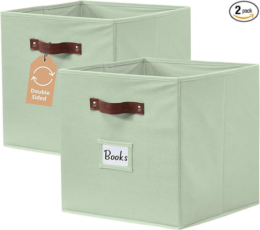 DECOMOMO Storage Bins, Cube Storage Bin with Labels | 10.5" x 11" Fabric Storage Cubes for Shelves (2pcs, Sage Green)