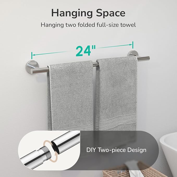 USHOWER Polished Chrome Towel Bar, 24-Inch Towel Racks for Bathroom | Thicken SUS304 Stainless Steel Towel Rod, Towel Holder Wall-Mounted, Modern Home Decor (Total Length 26-Inch)