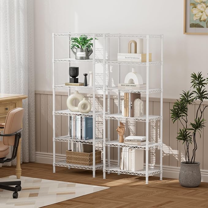 SINGAYE 6 Metal Shelves Wire Shelving Storage Shelf Adjustable Unit Pantry | 6 Tier Kitchen Laundry Room Organization Home Pantry Closet Bathroom Organizers Garage Rack 12" D x 22" W x 69.5" H White