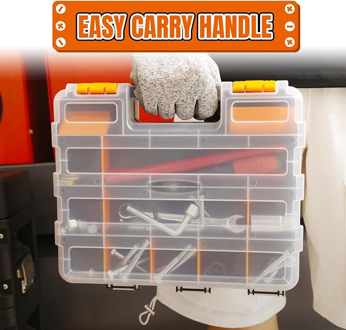 Jack Boss Tool Box with Transparent Lid, Double Side 34-Compartments Organizer Box with Removable Dividers for Hardware, Screws, Bolts, Nails, Beads, Jewelry and Fishing Accessories, Orange, 2 Pack