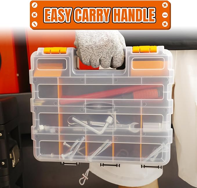 Jack Boss Tool Box with Transparent Lid, Double Side 34-Compartments Organizer Box with Removable Dividers for Hardware, Screws, Bolts, Nails, Beads, Jewelry and Fishing Accessories, Orange, 4 Pack