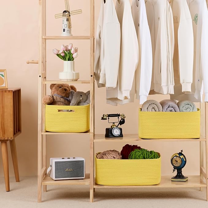 MiniArk Large Storage Baskets for Organizing, 17 x 13 x 7.5” Closet Shelf Baskets for Clothes Blanket Towels, Baby Nursery, Toy Bins Box, Woven Rope Baskets, 4 Packs Yellow